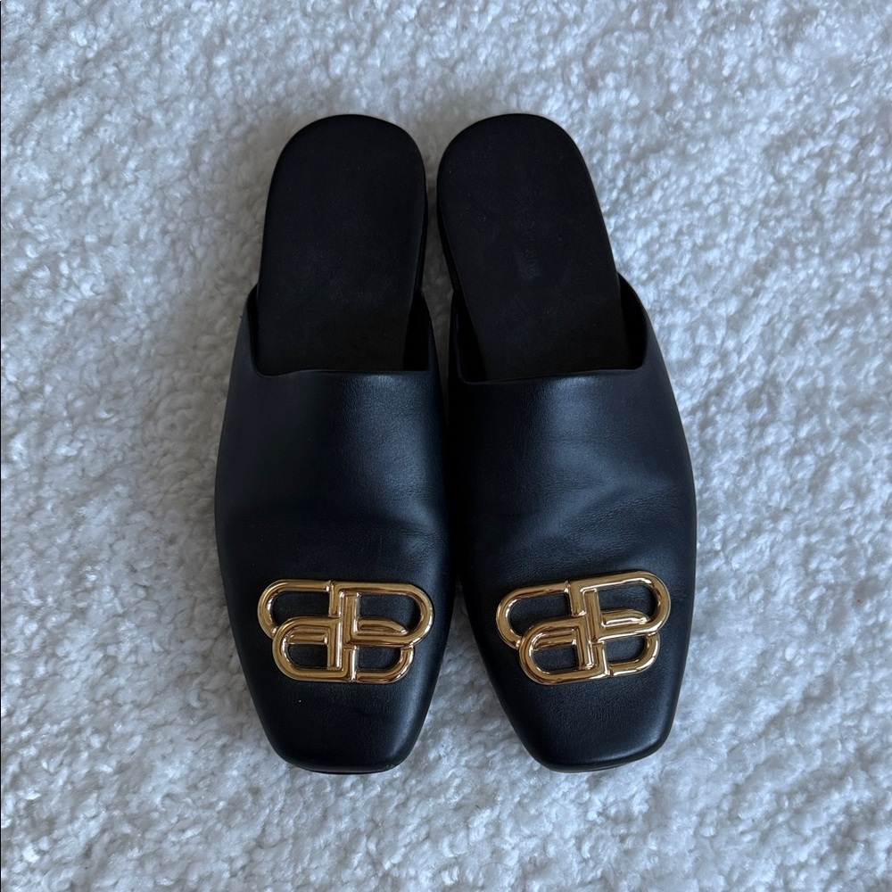 Balenciaga Black Mules with Gold Detail